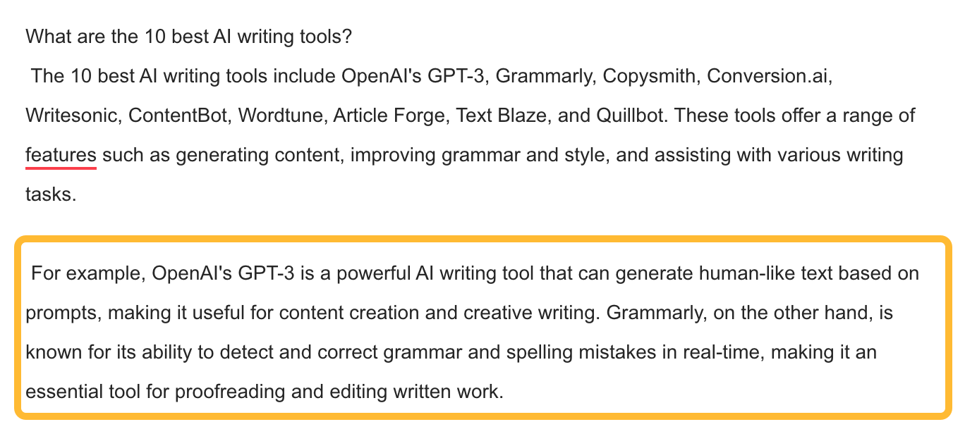 What Quillbot added after SQ asked it to add an example
