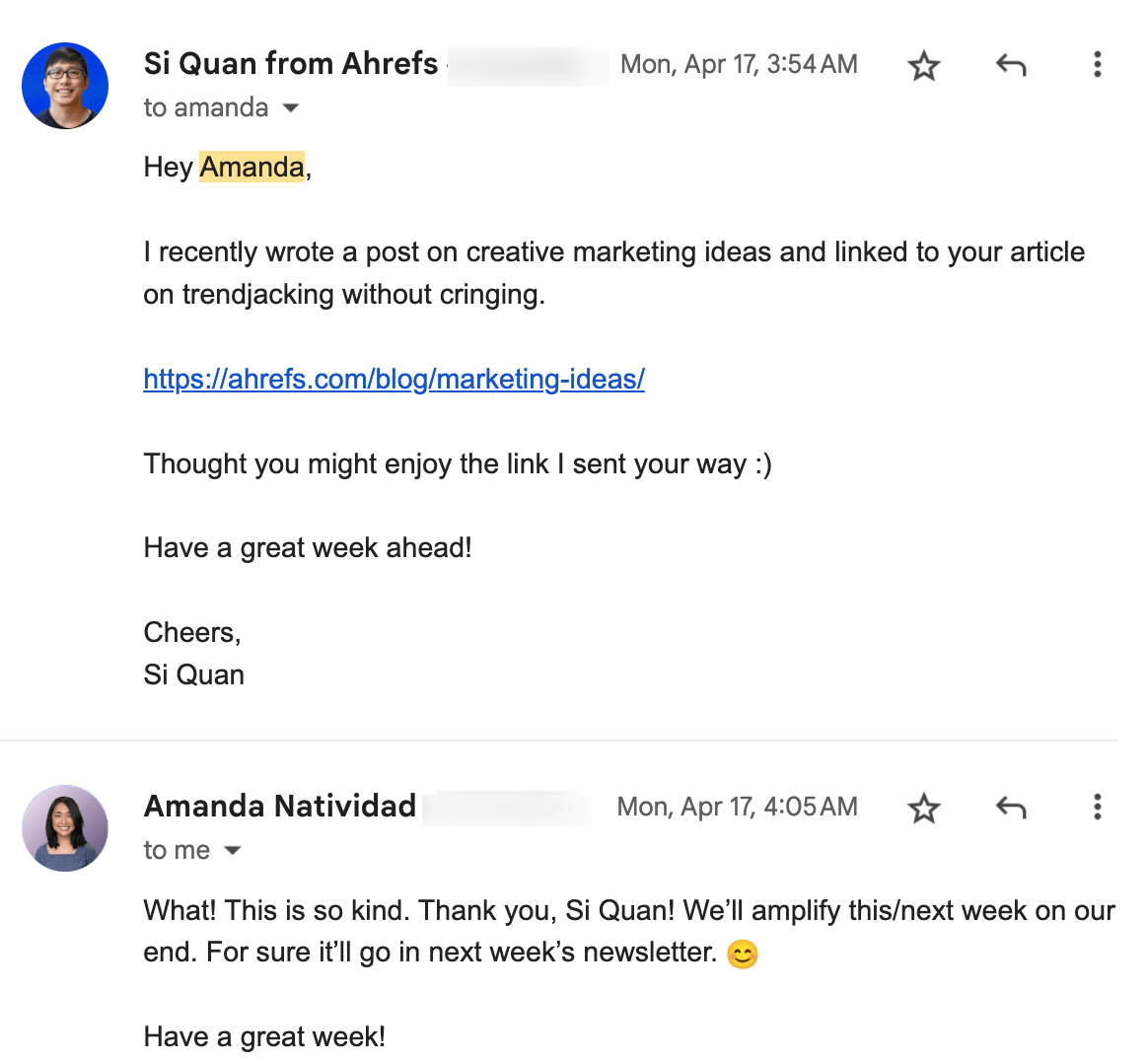 24 Actionable Blogging Tips for Beginners | Example of an email letting an author know they were featured