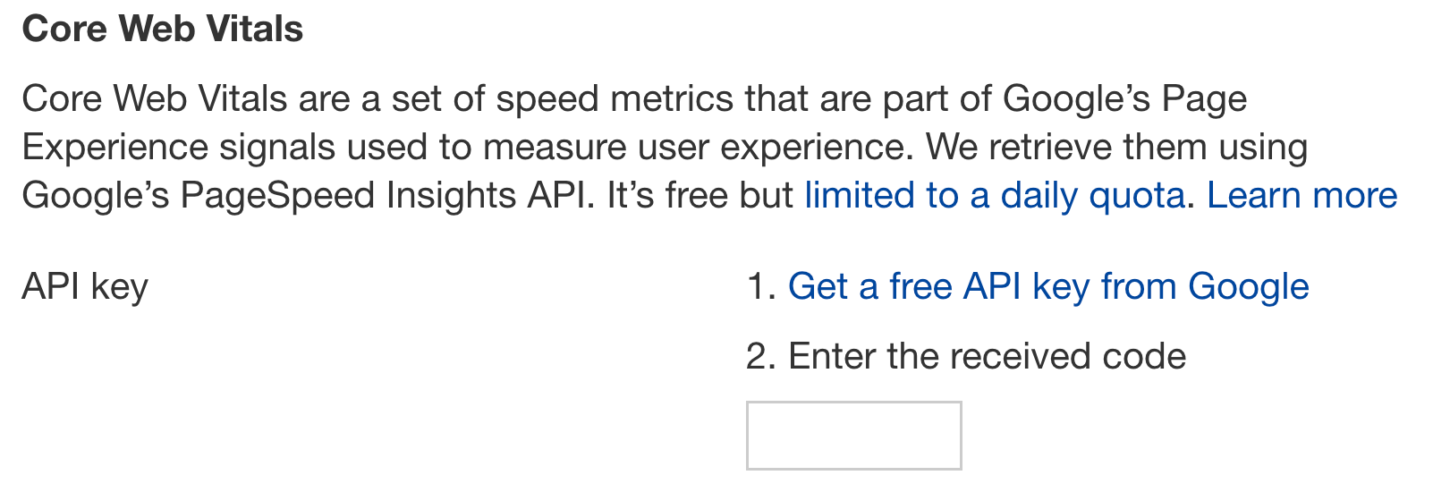 Core Web Vitals API key, via Ahrefs' Site Audit
