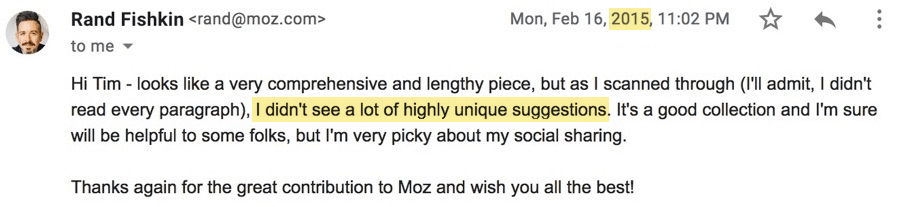 24 Actionable Blogging Tips for Beginners | Tim Soulo's rejection email from Rand Fishkin
