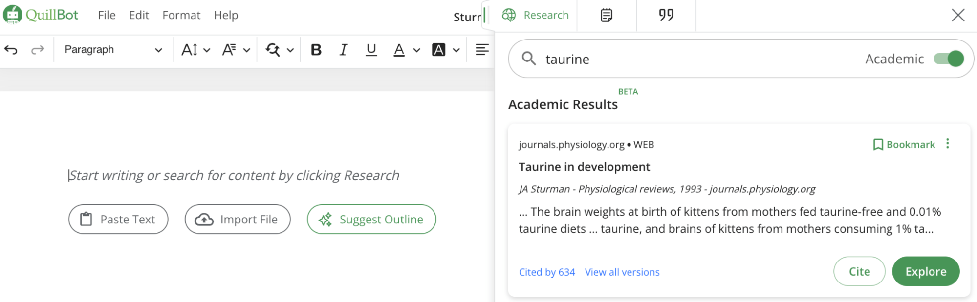 Quillbot's "Research" tab lets you research while writing
