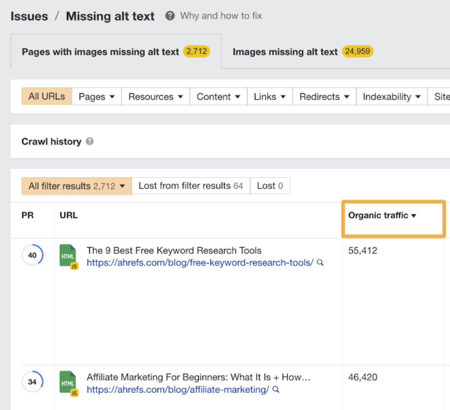 URLs affected by "missing alt text" issue, via Ahrefs Webmaster Tools
