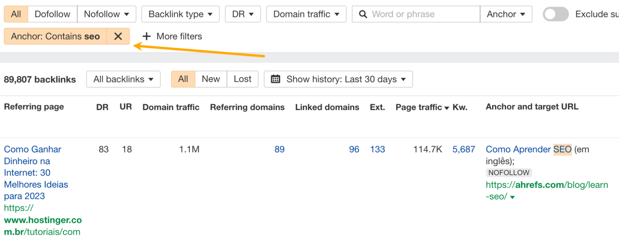 "Anchor text" filter in Backlinks report