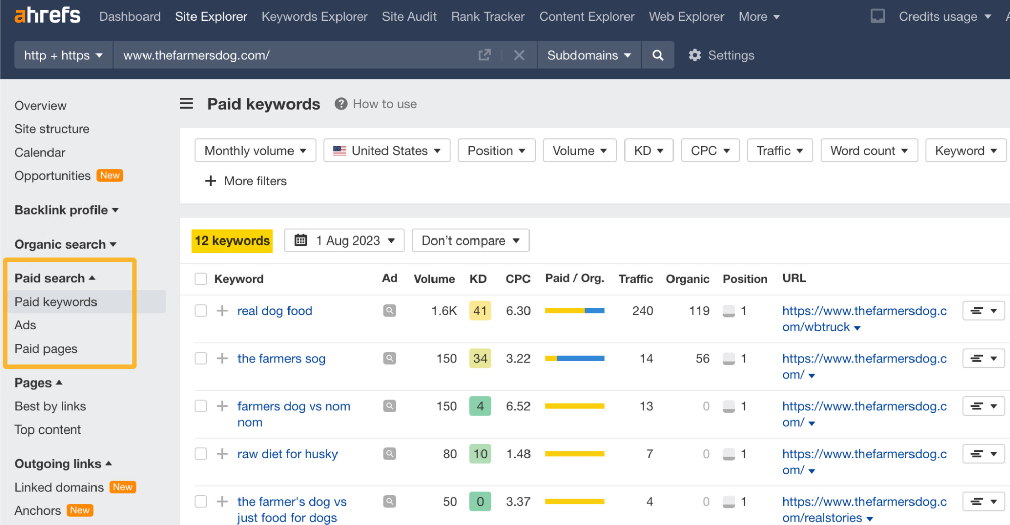 Paid search report in Ahrefs' Site Explorer