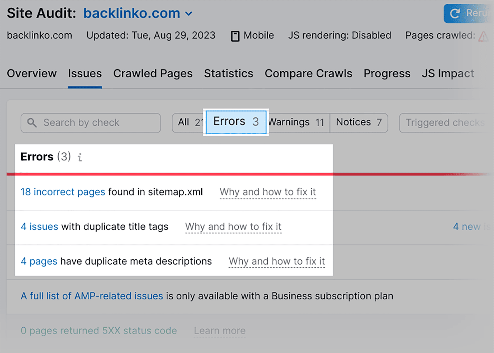 Errors – need fixing ASAP Errors from site audit that need quick fixing