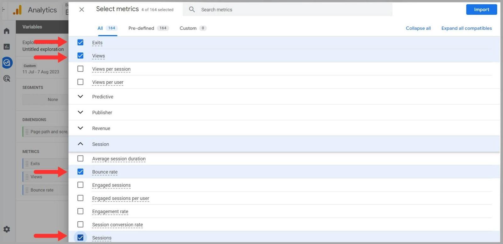 Import Clicks, Views and Sessions Choose Exits, Views, Bounce Rates and Sessions then Import