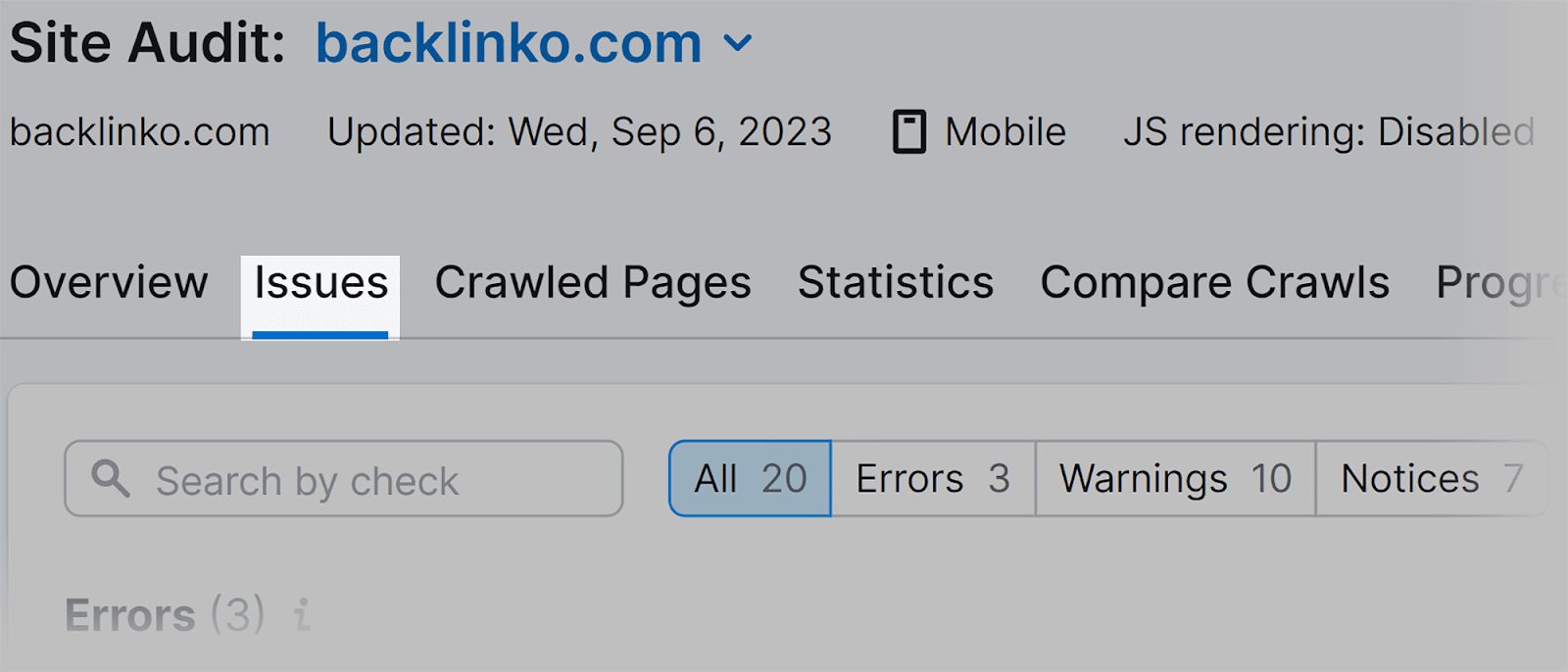 Issues tab on Site audit tool Issues tab on Site audit tool