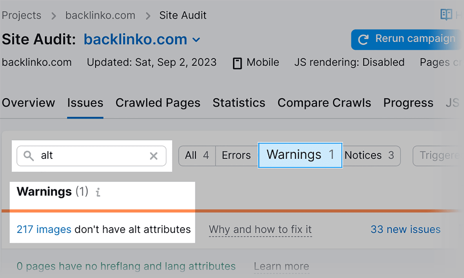 Missing alt attributes Find the missing alt attributes on SEMrush Site Audit tool