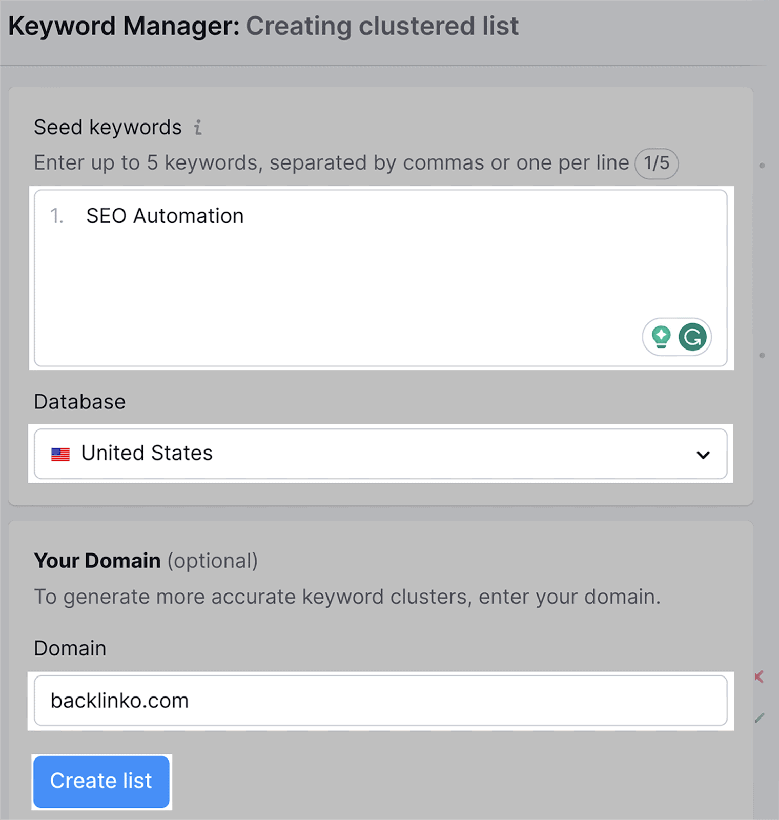 Select a database then add your domain Enter seed keyword, select database then add your domain