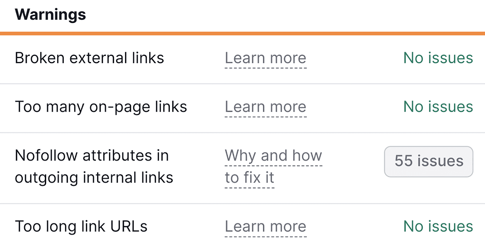 Warnings on internal linking Warnings from internal linking widget