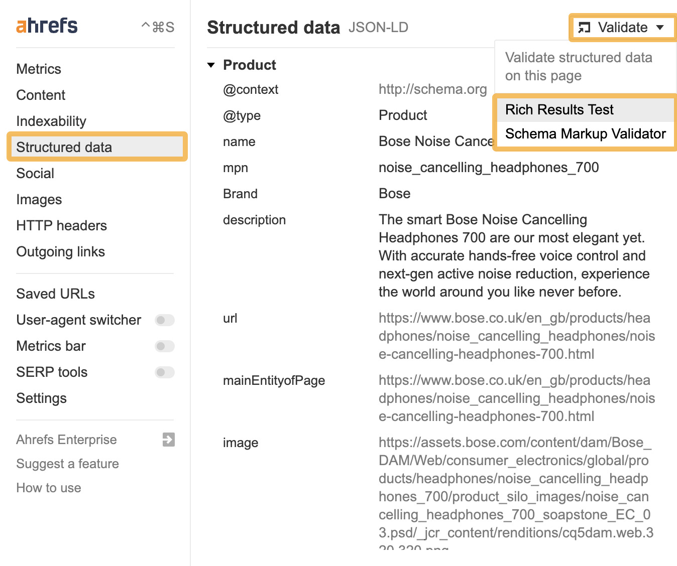 Schema Markup: What It Is & How to Implement It | Structured data showing JSON-LD schema, via Ahrefs' SEO Toolbar