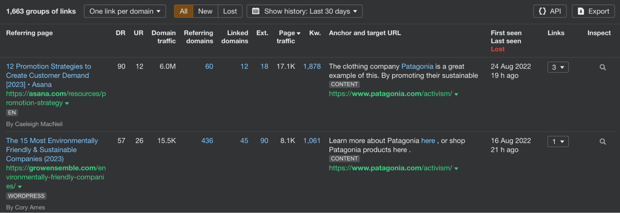 Backlinks to Patagonia's Activism page, via Ahrefs' Site Explorer
