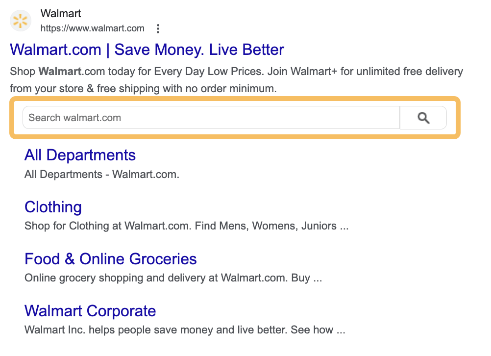 Schema Markup: What It Is & How to Implement It | Sitelinks search box example, via google.com