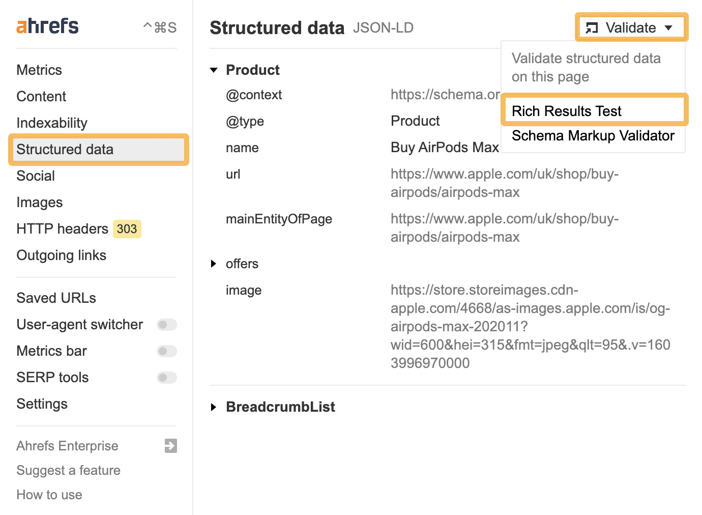 Rich Snippets: What Are They & How Do You Get Them? | Accessing Rich Results Test, via Ahrefs' SEO Toolbar