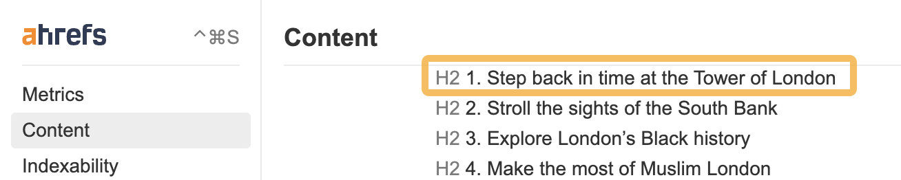 Tower of London in Lonely Planet's content, via Ahrefs' SEO Toolbar
