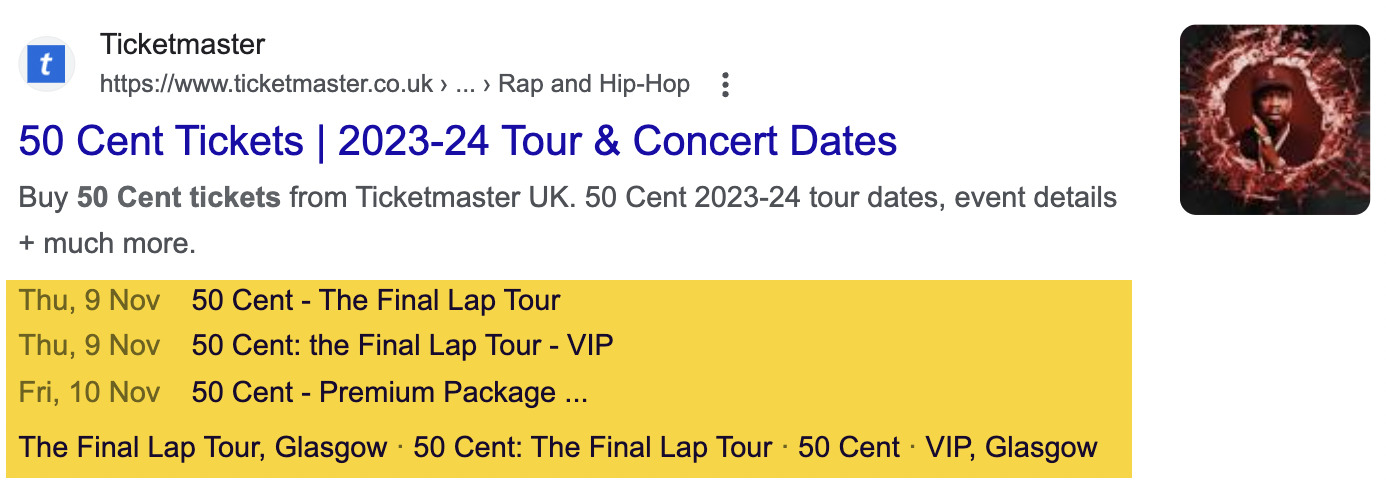 Rich Snippets: What Are They & How Do You Get Them? | Events snippet example, via google.com