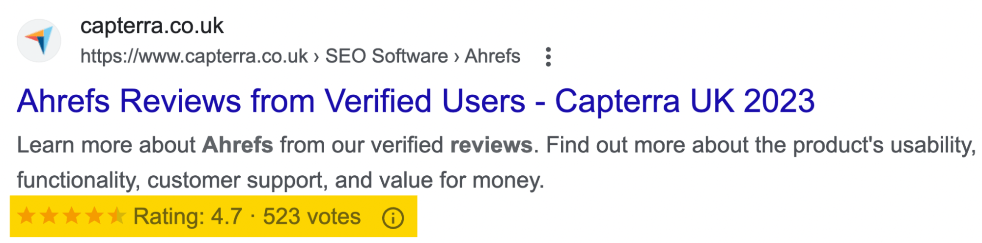 Rich Snippets: What Are They & How Do You Get Them? | Review snippet example, via google.com