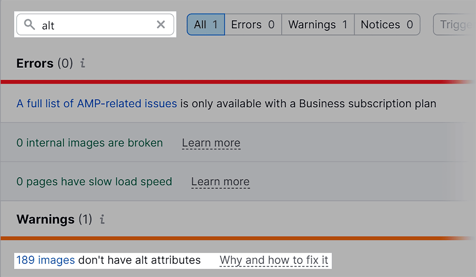 Type alt on the Issues tab on SEMrush site audit tool Type alt on the Issues tab on SEMrush site audit tool