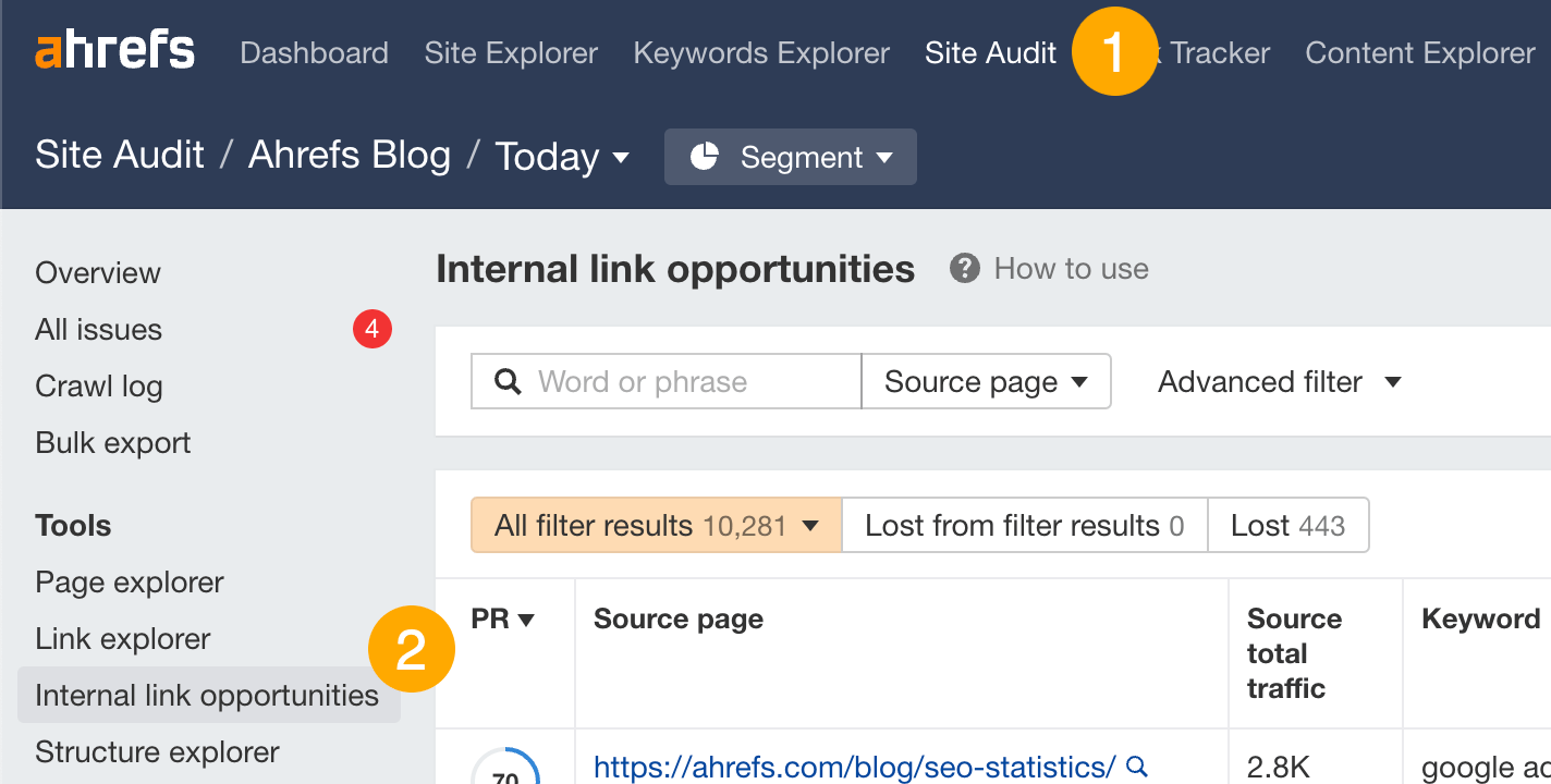 Link opportunities tool in Ahrefs.