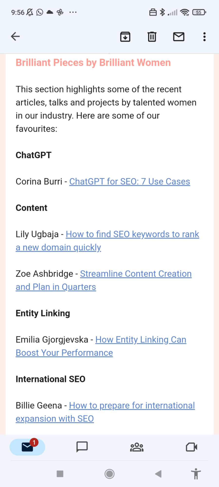 Inbox screenshot of the Women in Tech SEO newsletter
