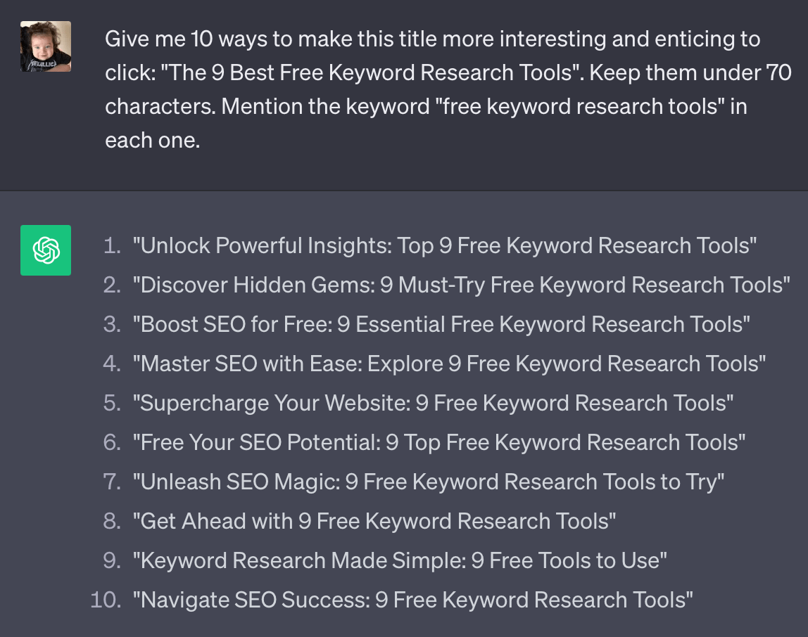 Asking ChatGPT to rewrite a title for SEO.