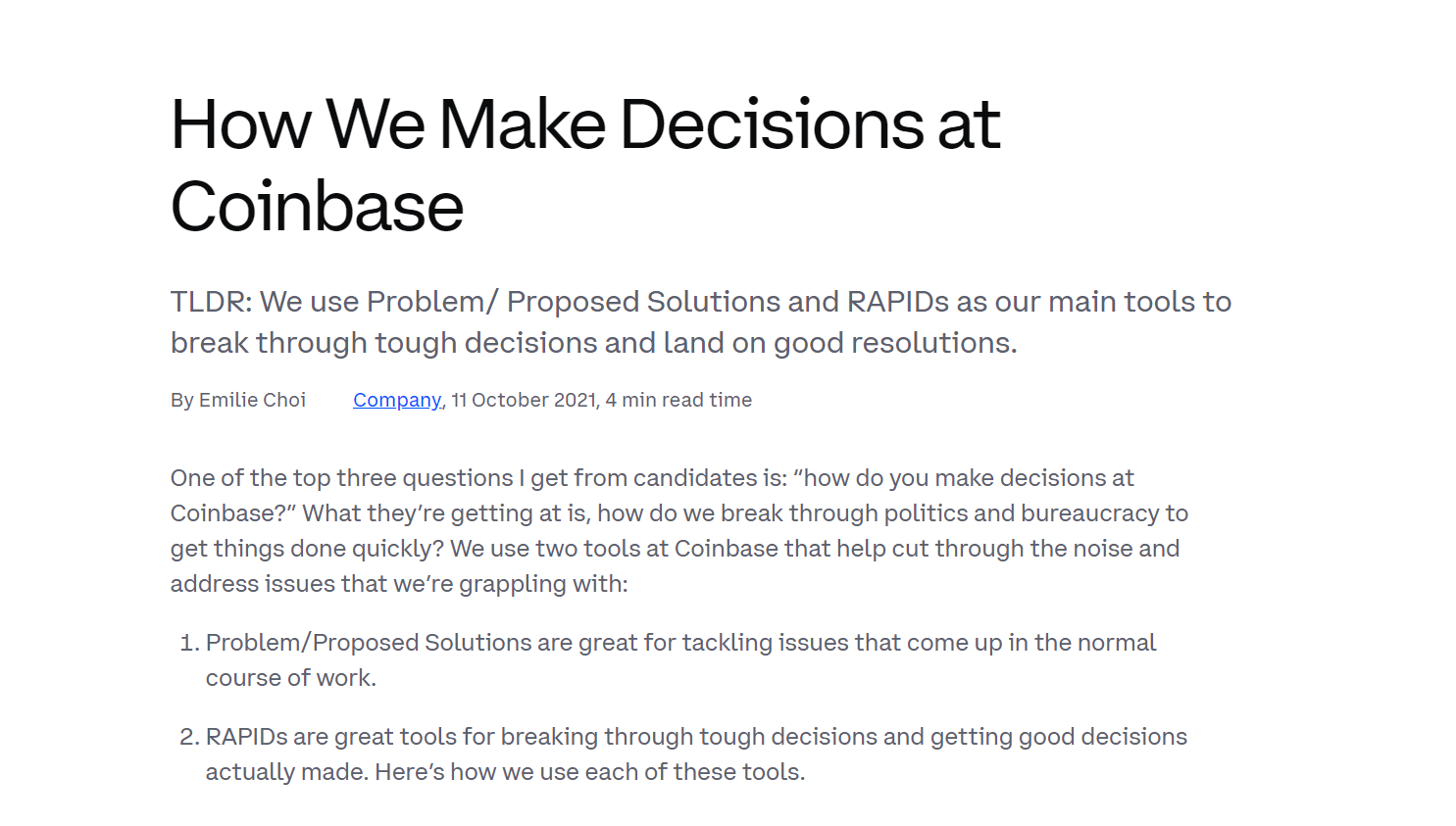 Coinbase share their decision-making framework.