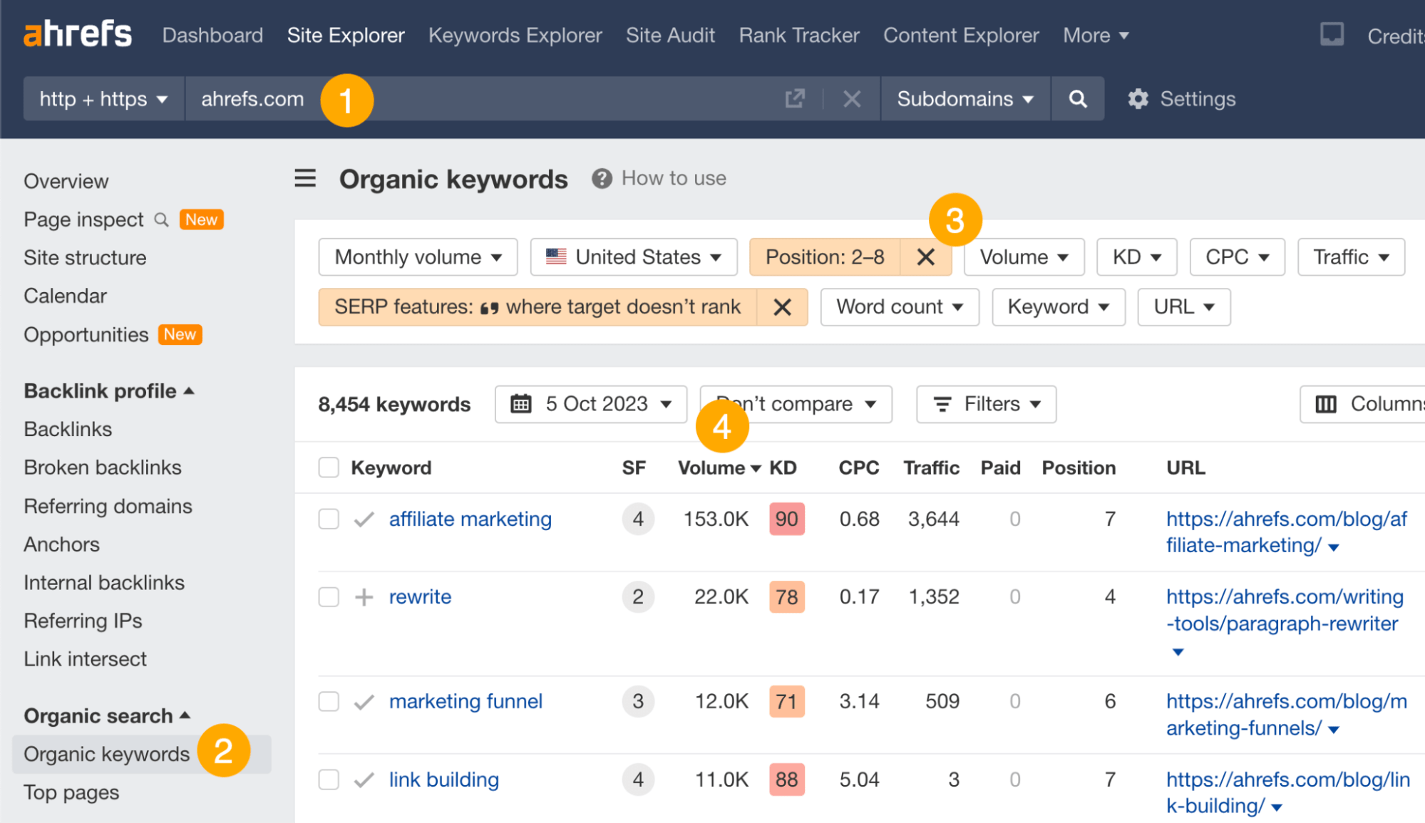 How to find featured snippet opportunities in Ahrefs.