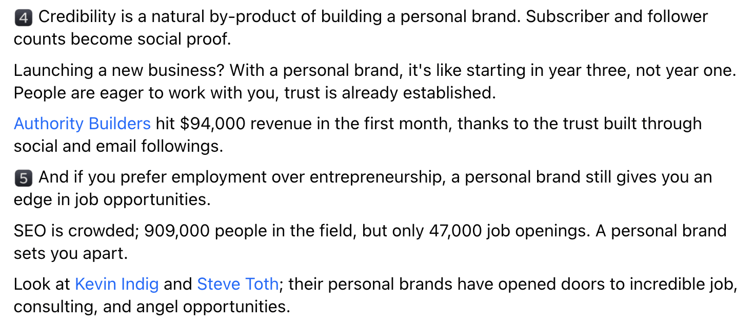 Excerpt from Matt Diggity's Facebook post on the benefits of personal branding. 