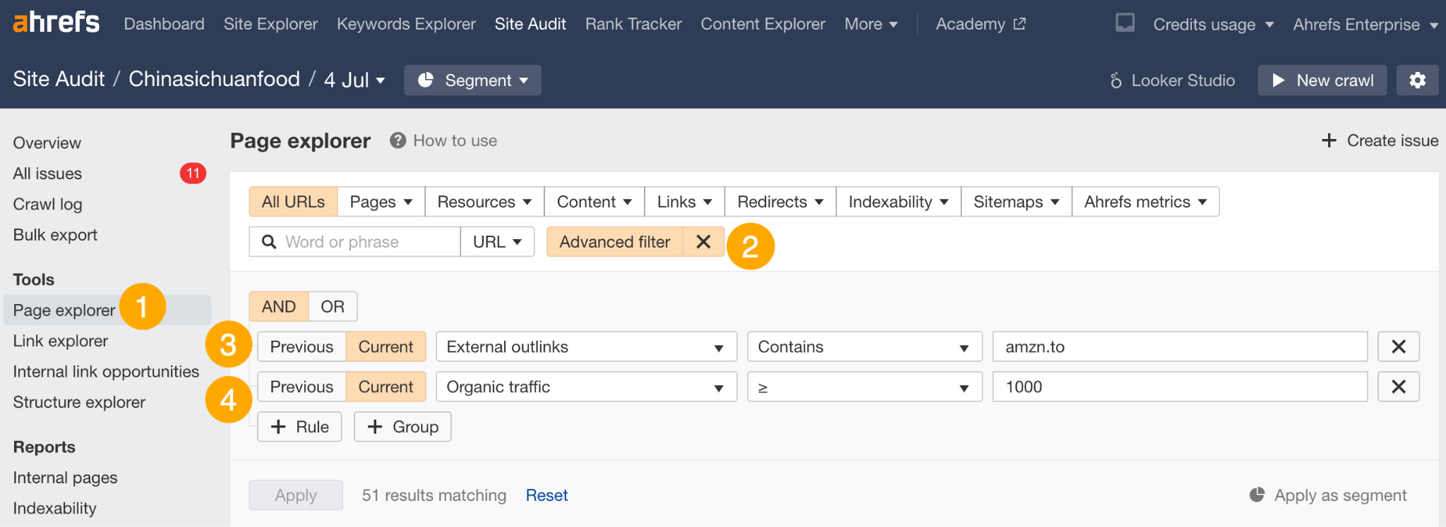 Setting up advanced filters to find Amazon affiliate links