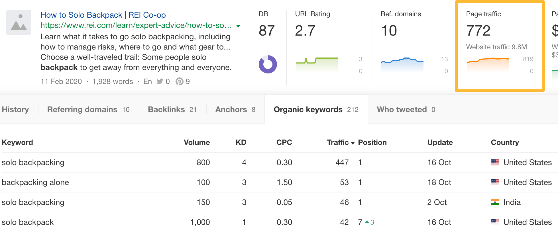 The Page traffic tab shows you the exact keywords it ranks for, its ranking positions, and more