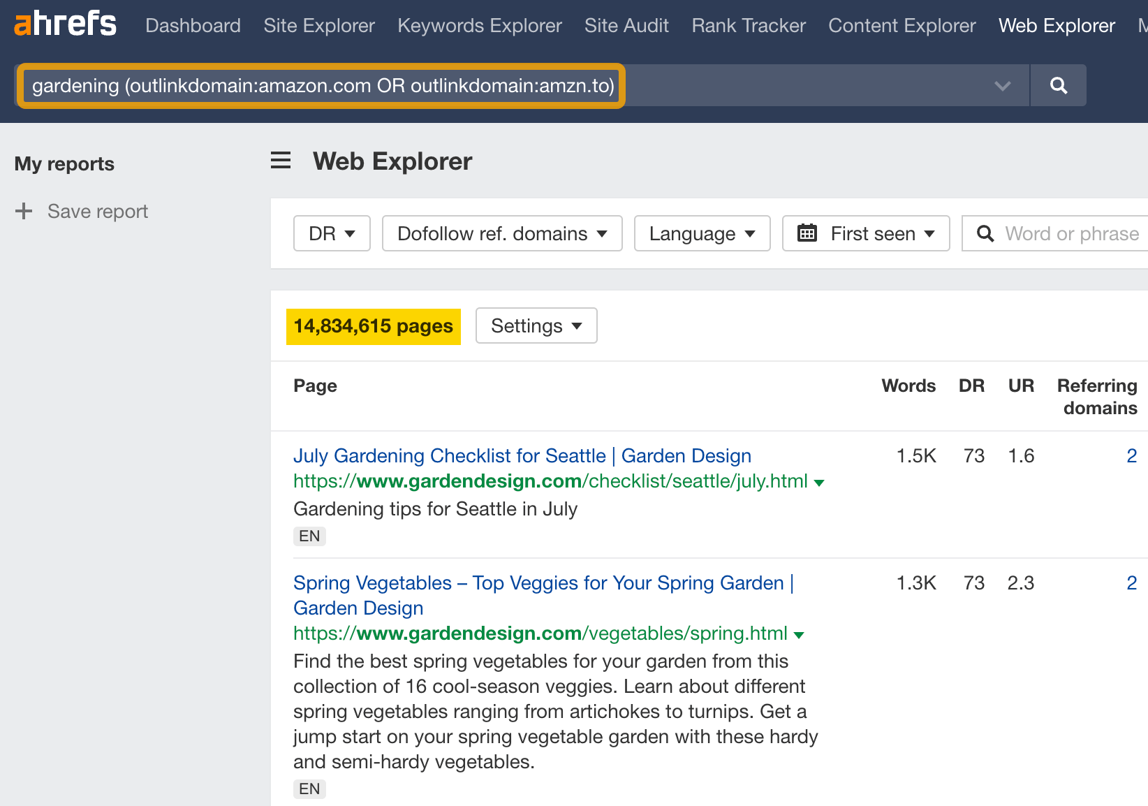 Filters for finding pages that link to Amazon affiliate URLs
