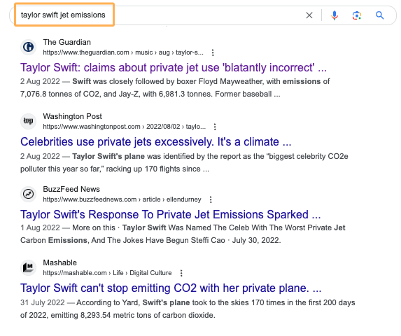 Just a few of the thousands of posts about Taylor Swift's jet emissions following a successful data journalism campaign
