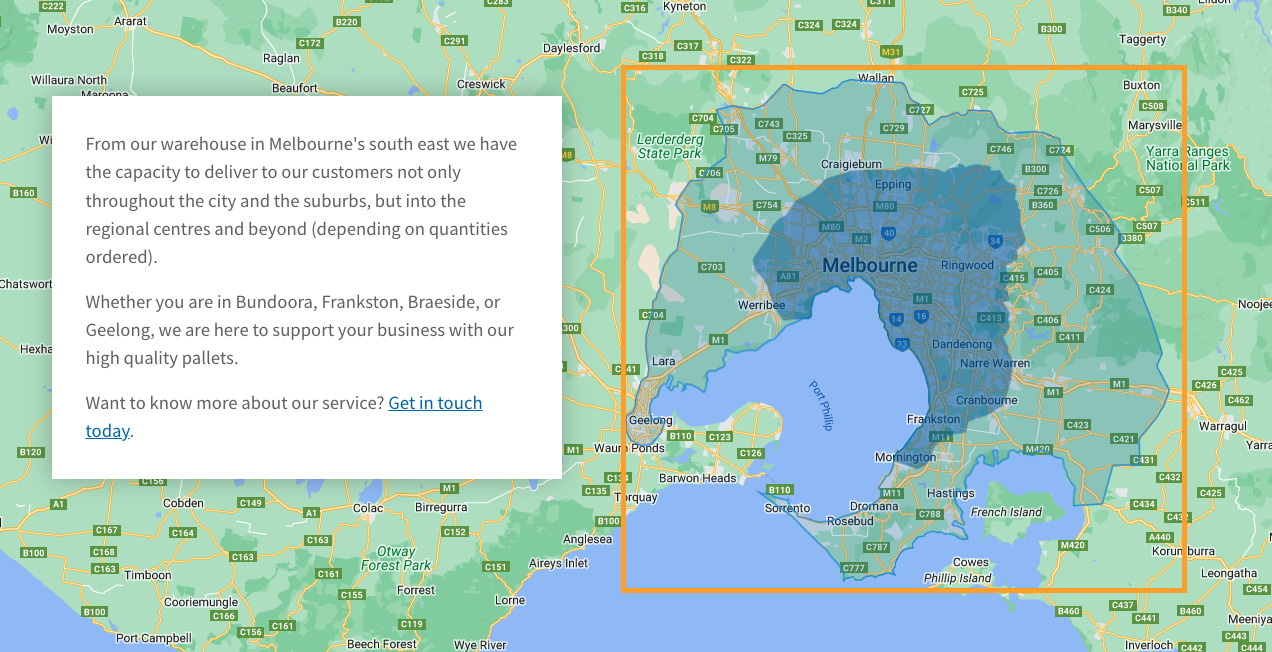 Example of Plain Pallet's local landing page including a map with their entire service area highlighted.