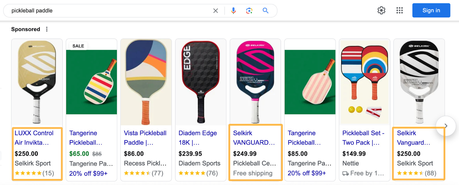 Pickleball paddle sponsored ads check, via Google.com