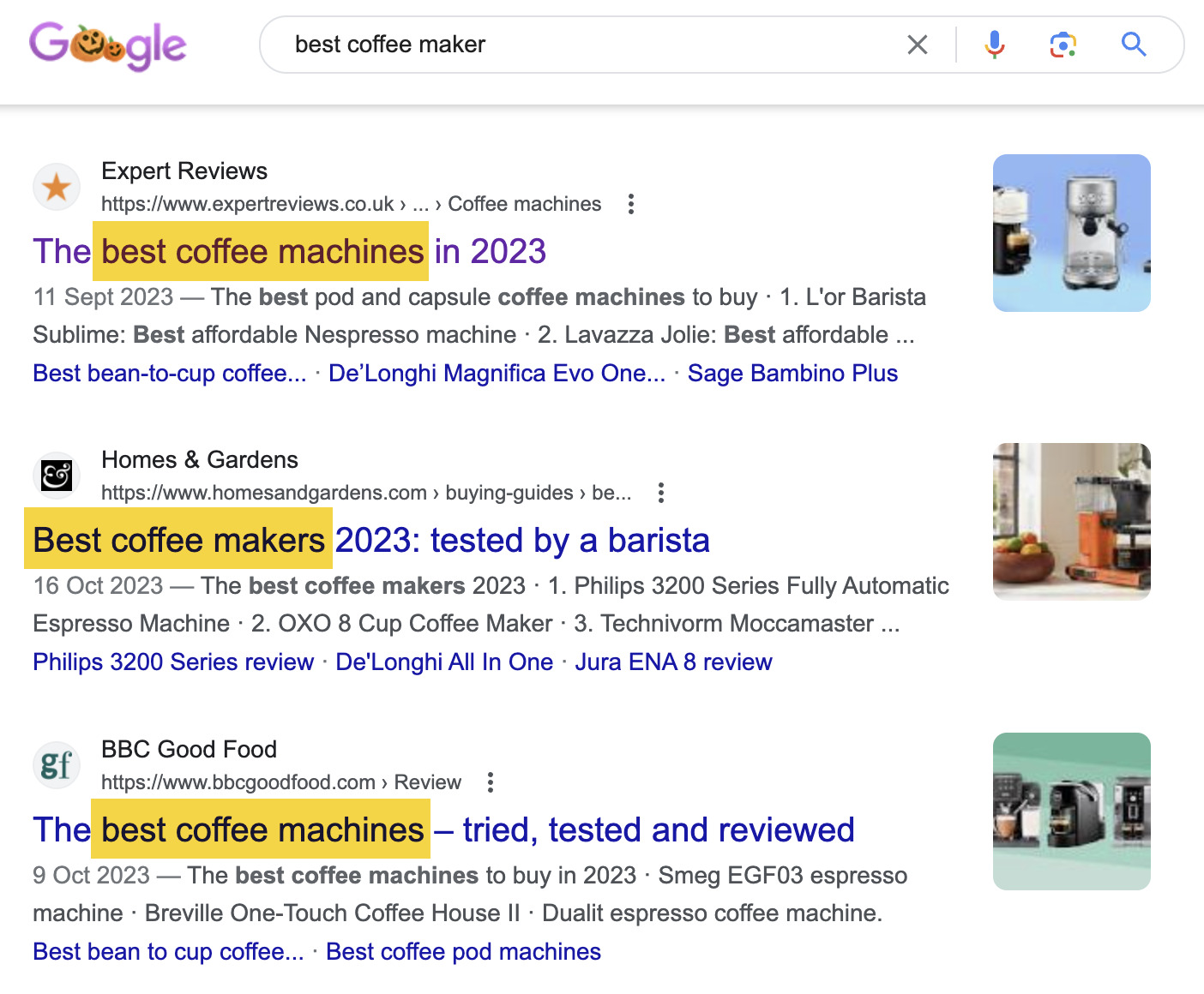 Google search results for "best coffee maker" 