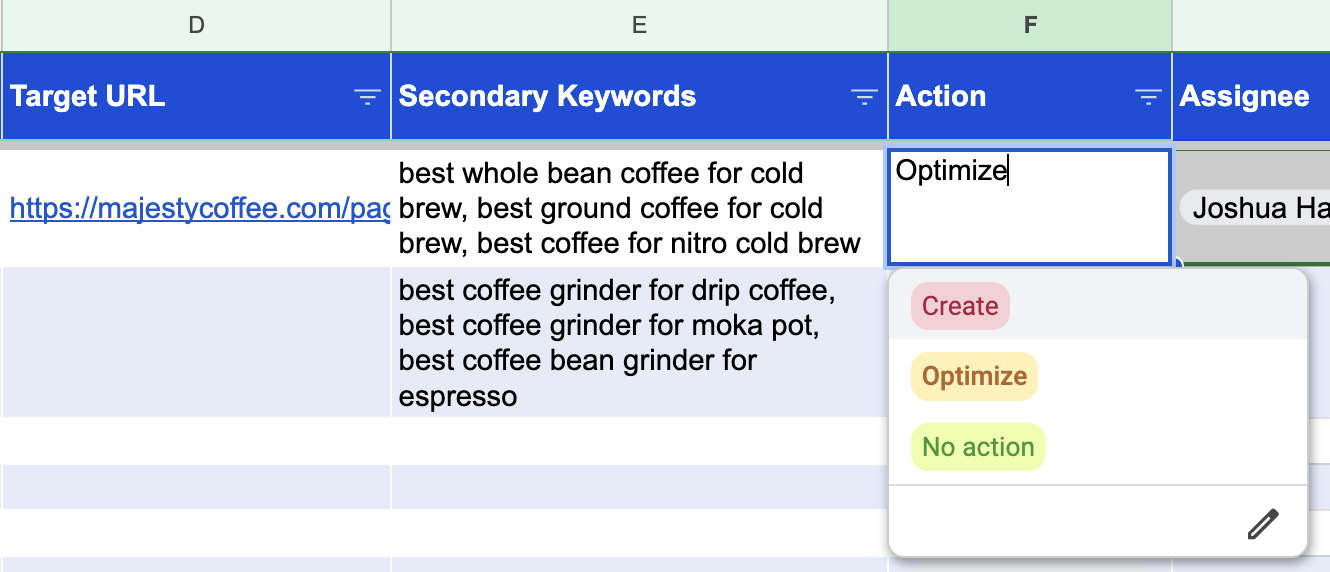 Choosing an action in the keyword mapping template