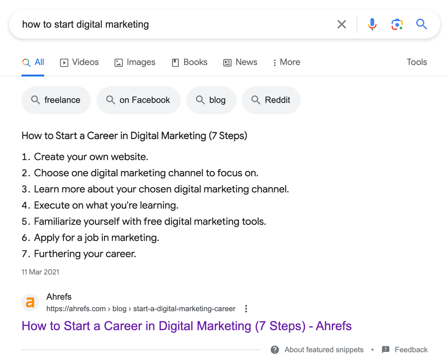 The featured snippet for the query "how to start digital marketing"