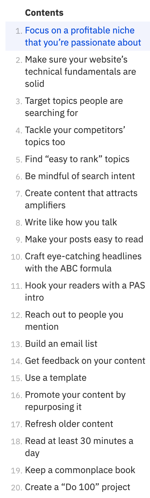 The subheadings of our blogging tips blog post, before it was updated
