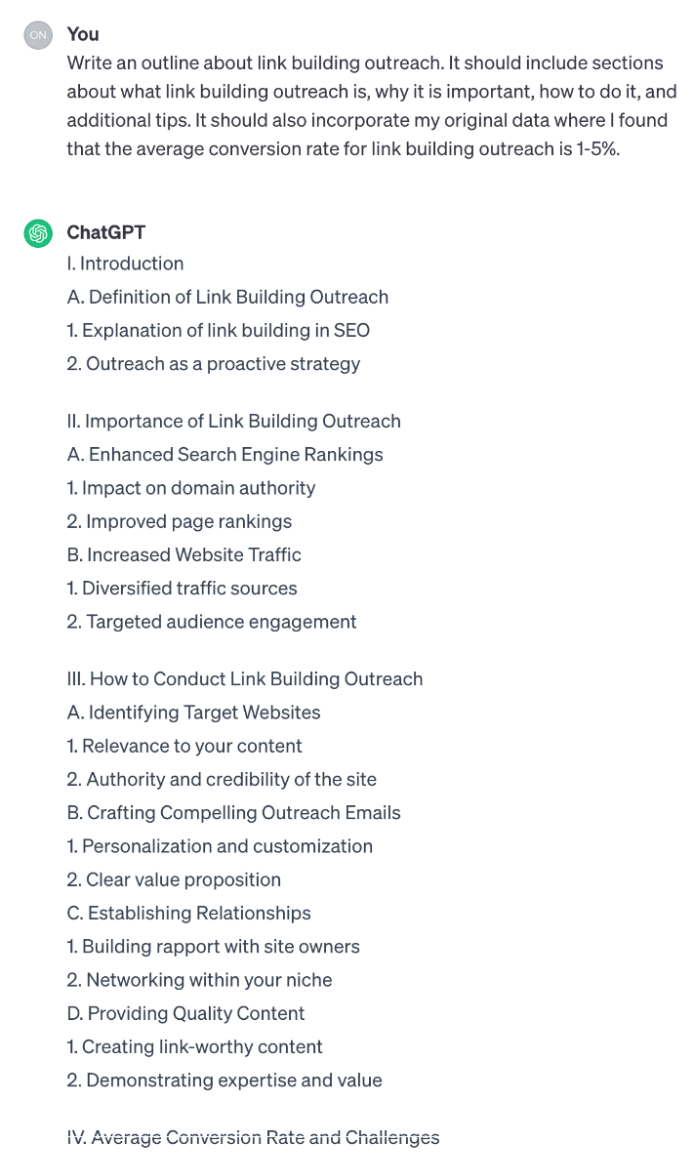 ChatGPT's outline for a post about link building outreach