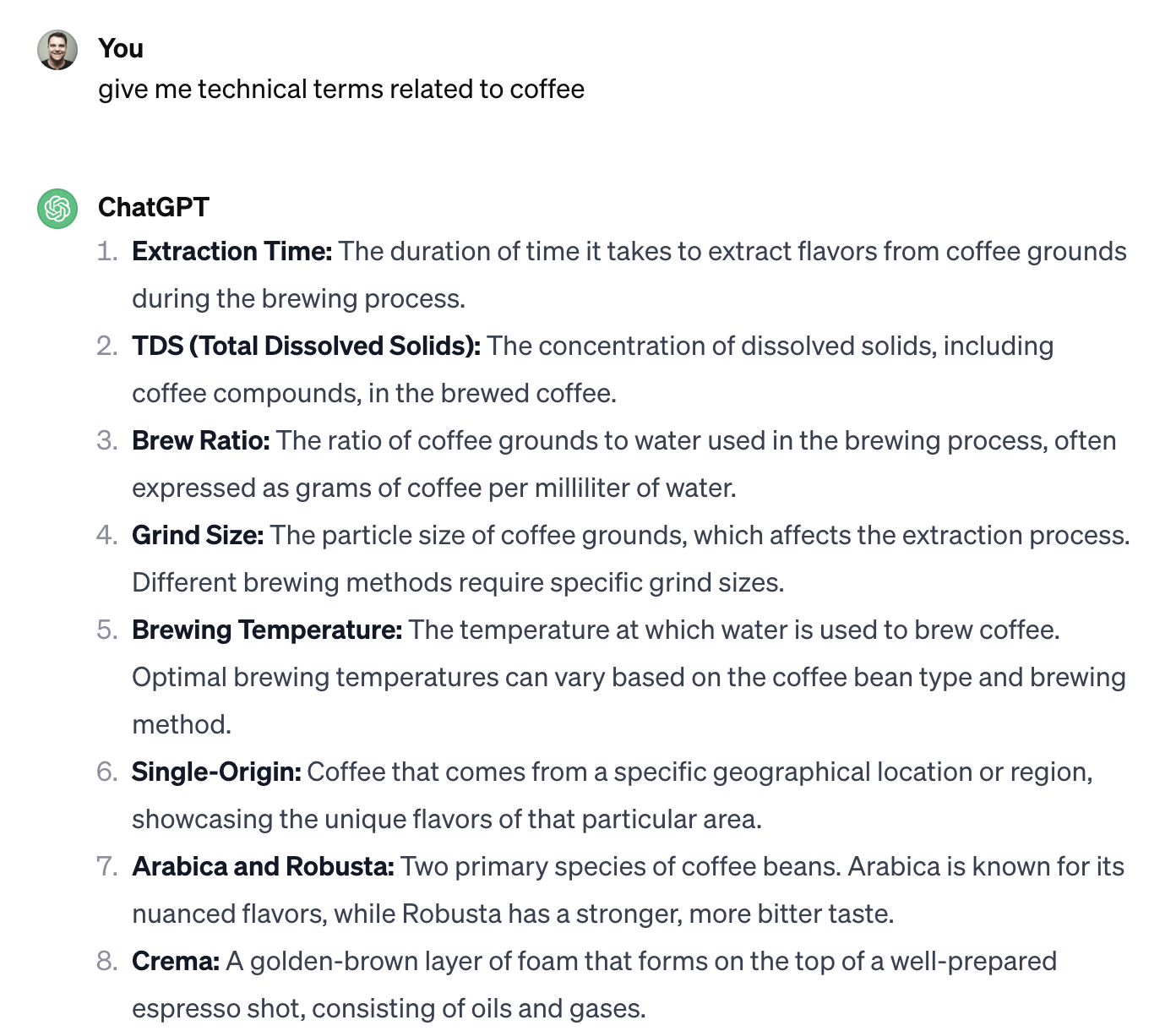 Asking ChatGPT to technical coffee-related terms