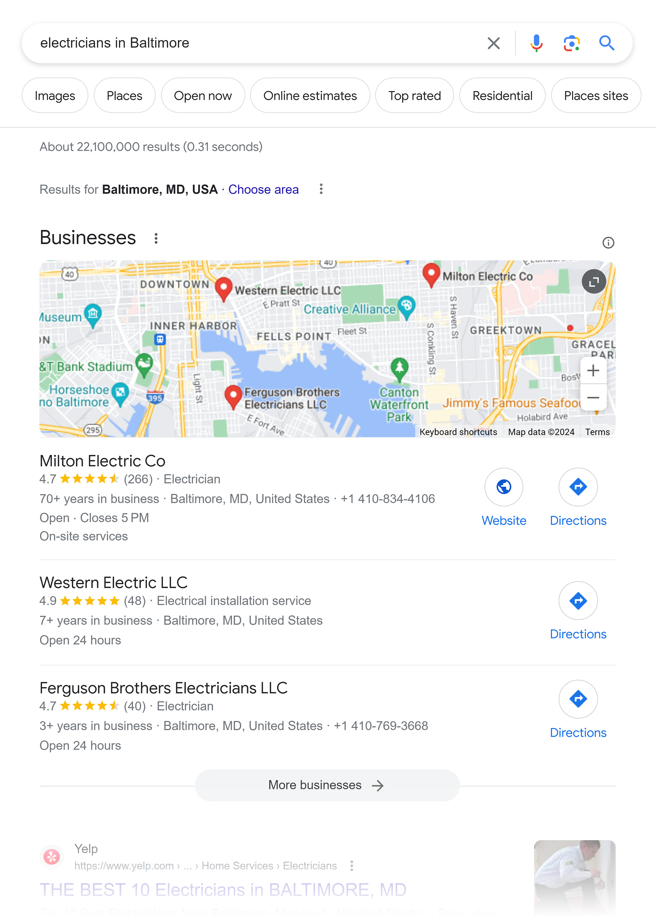 Google SERP – Electricians in Baltimore