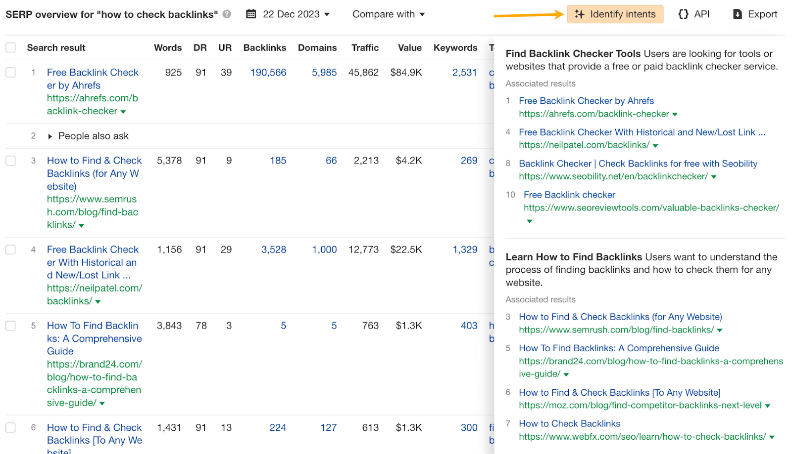 AI feature for identifying search intent in Ahrefs.