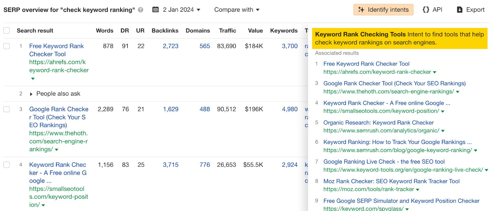  Identifying search intents with Ahrefs AI feature.