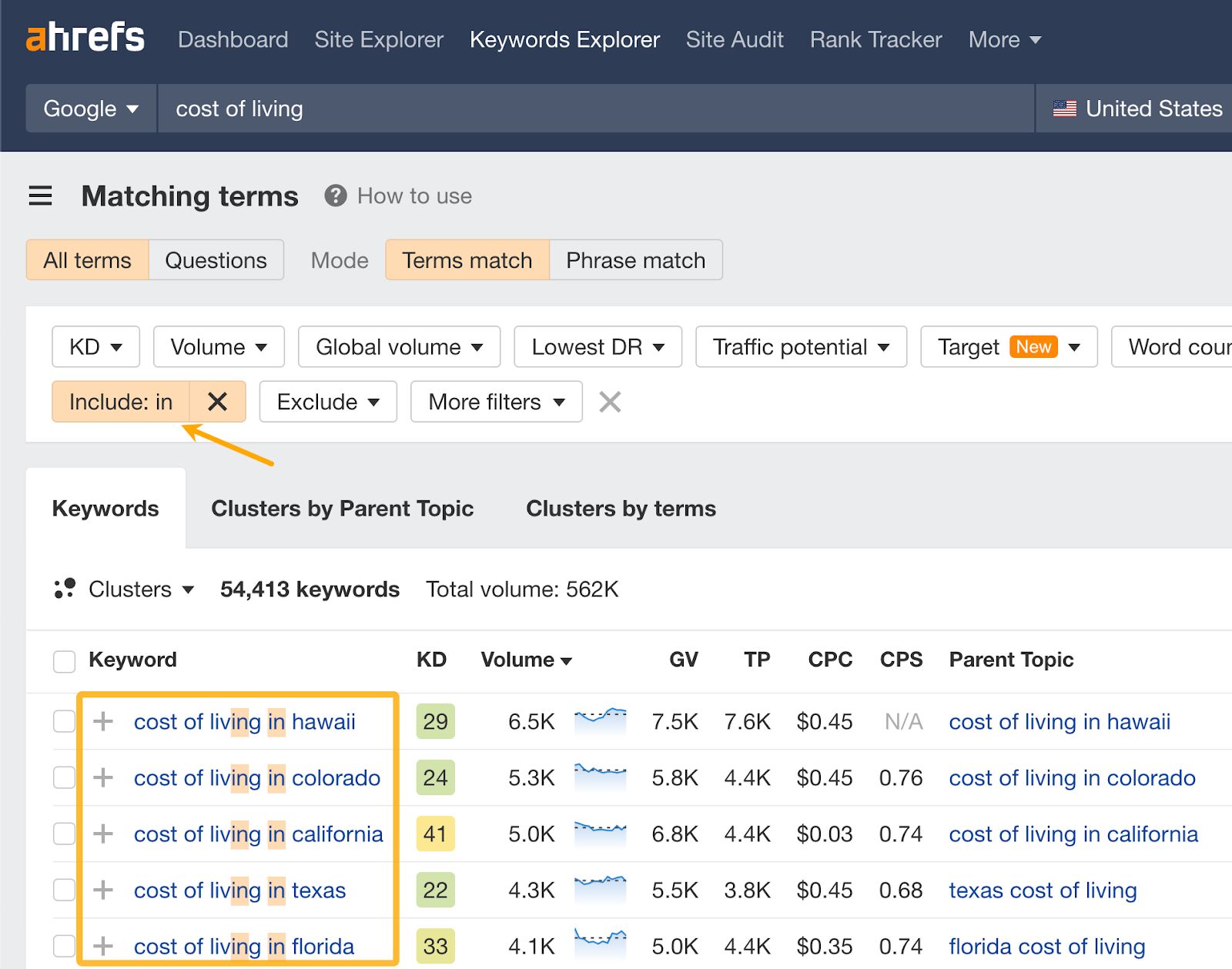 Using keyword modifier in Keywords Explorer to find keyword patterns.