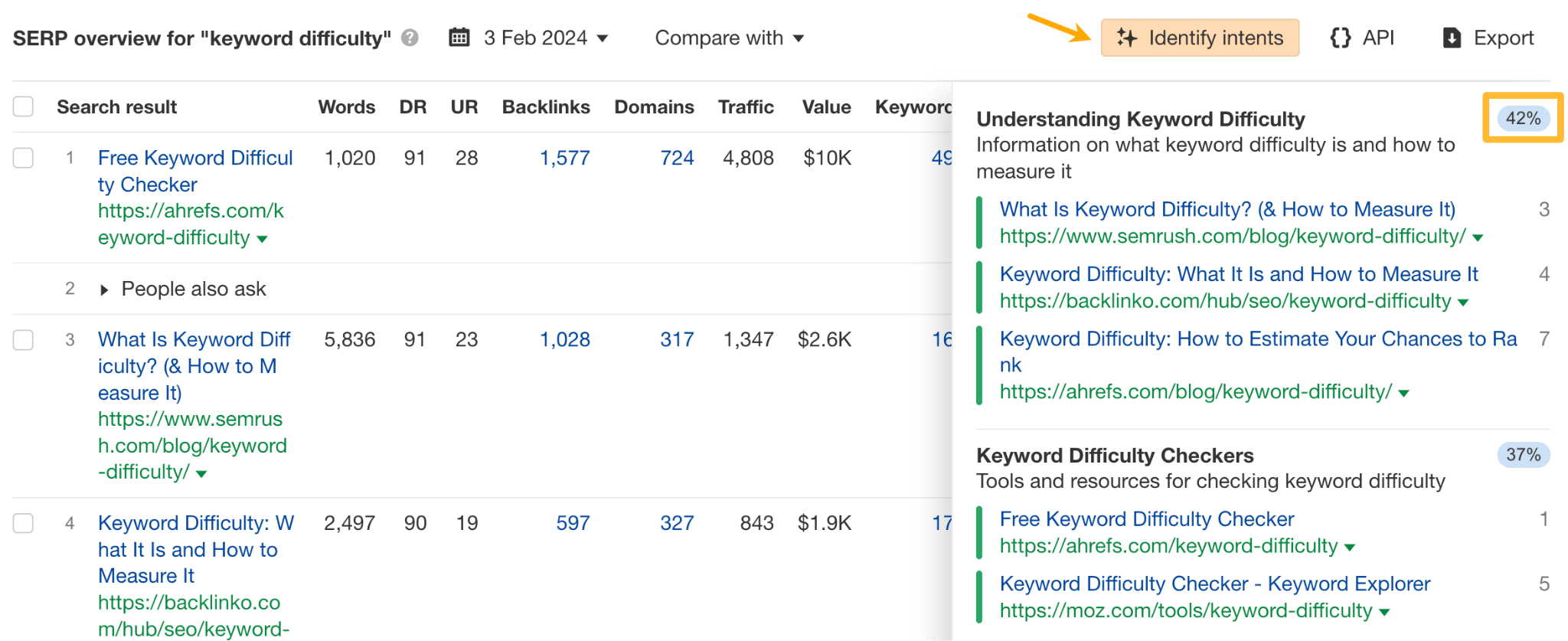 AI feature in Ahrefs for identifying search intents. 