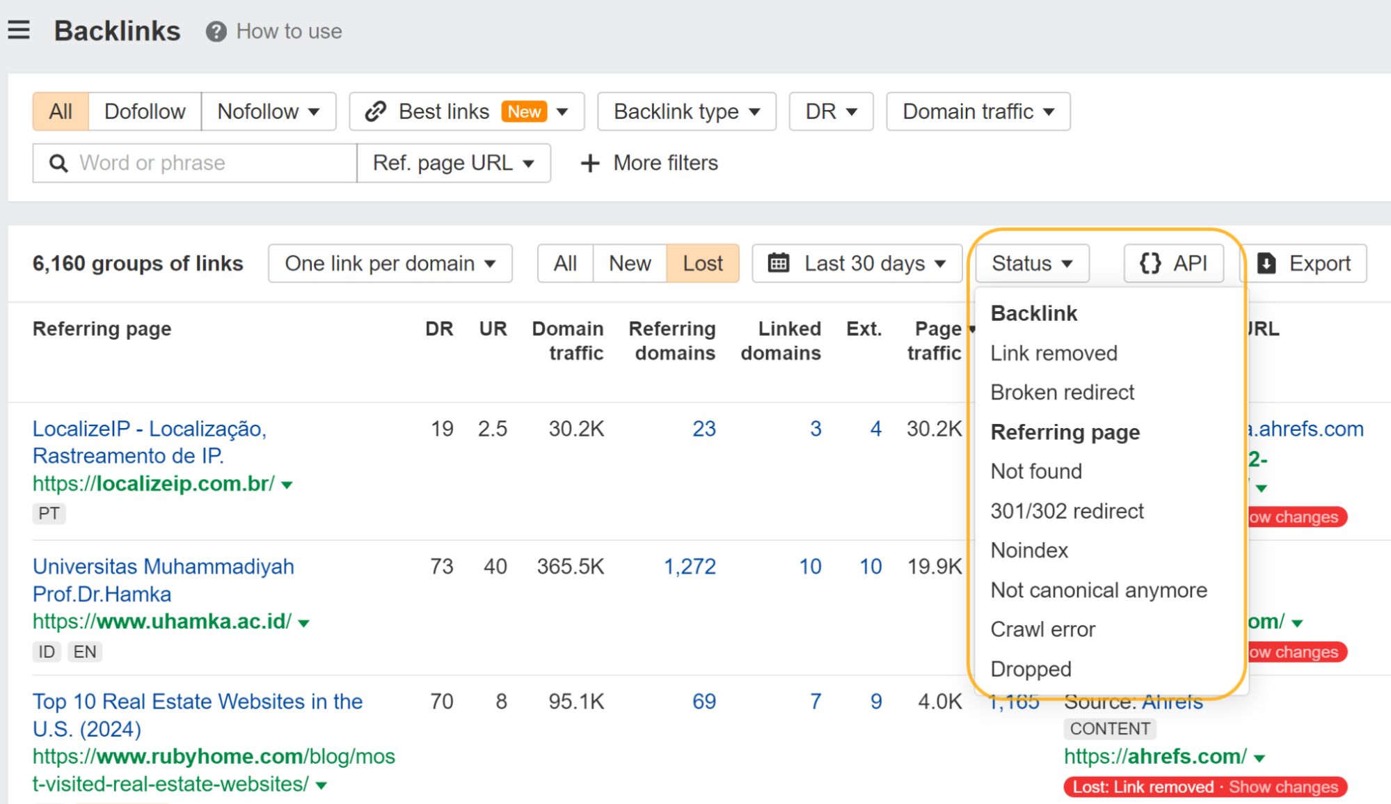 Backlinks filters for the reason they're lost