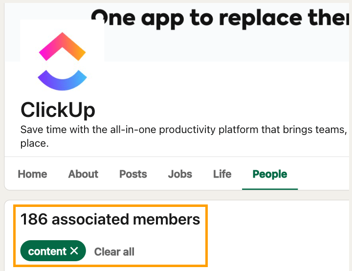 Clickup's employees on LinkedIn, filtered by mentions of "content".