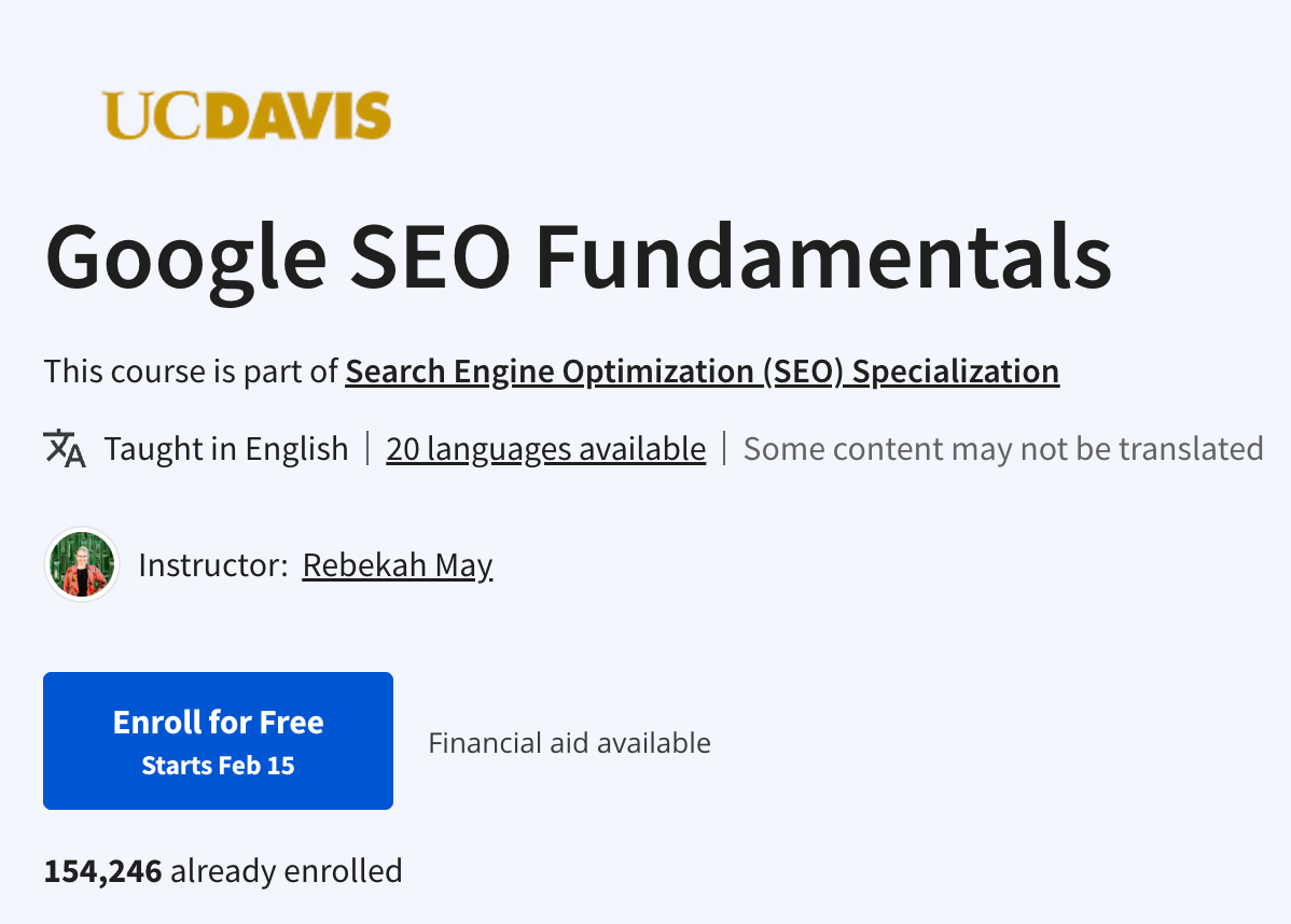 10 Completely Free SEO Training Courses | Google SEO Fundamentals by UC Davis on Coursera
