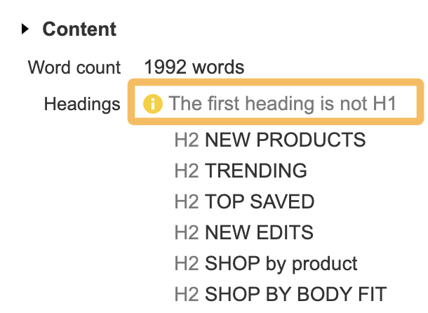 Headings check, via Ahrefs' SEO toolbar