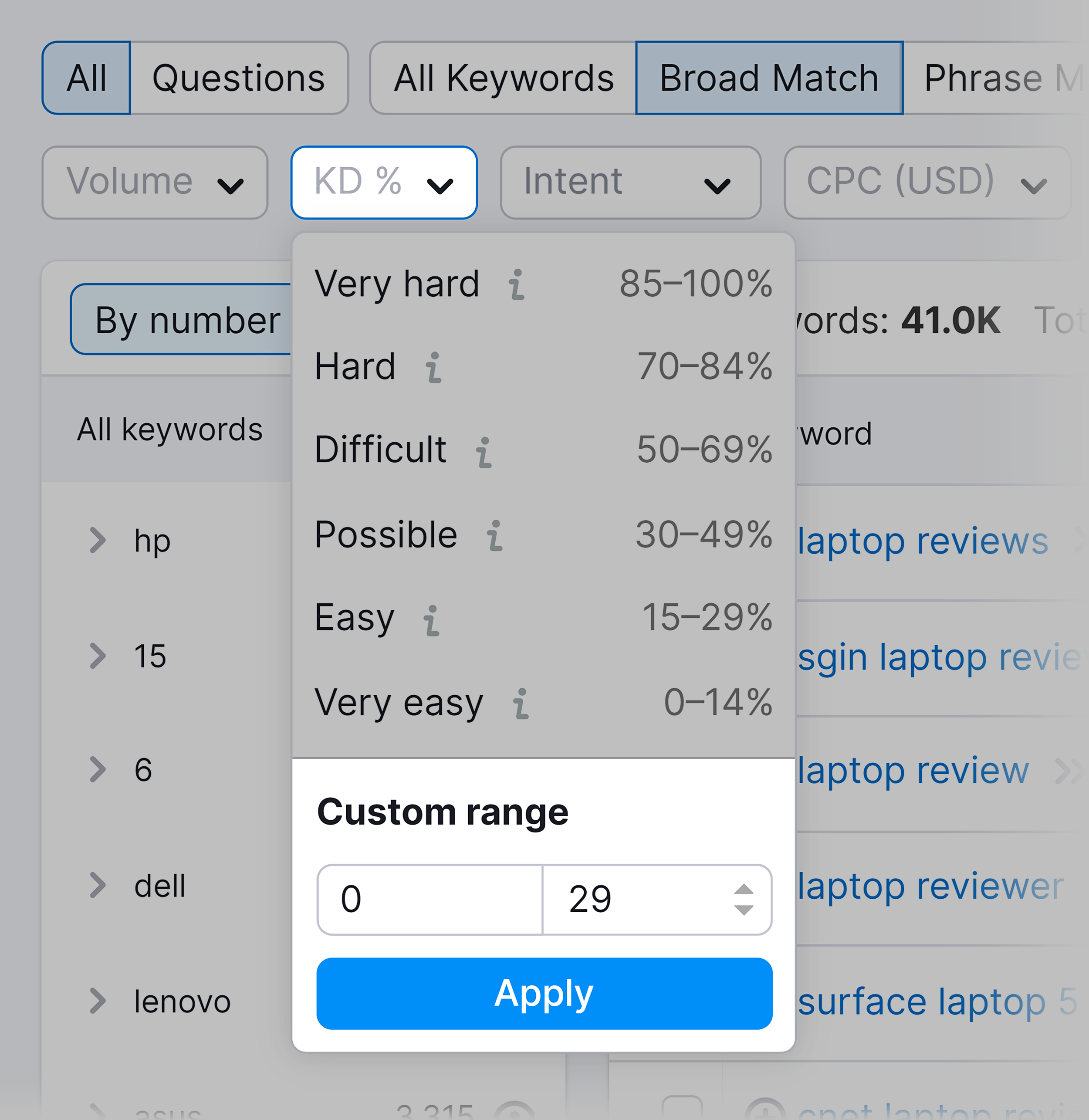 KD filter – Set custom range